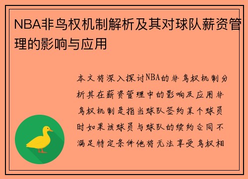 NBA非鸟权机制解析及其对球队薪资管理的影响与应用