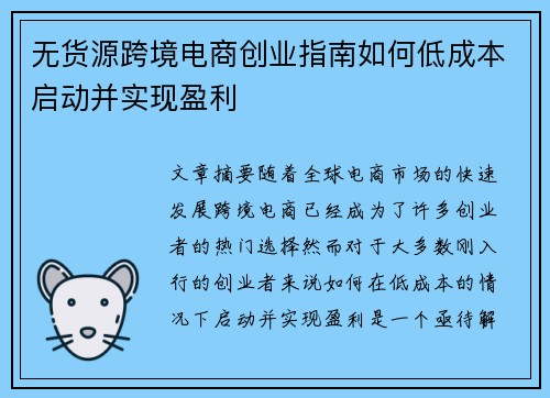 无货源跨境电商创业指南如何低成本启动并实现盈利