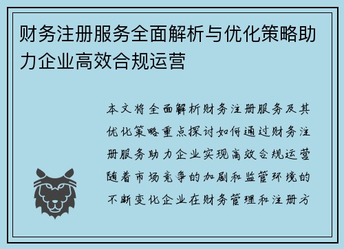 财务注册服务全面解析与优化策略助力企业高效合规运营