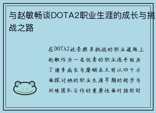 与赵敏畅谈DOTA2职业生涯的成长与挑战之路
